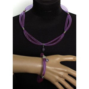 Комплект: колье и браслет из аметиста на сетке, цвет фиолетовый, шарик 8мм и10мм