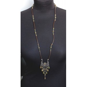 Колье-кулон из унакита шарик 6 и 8мм, капля 12мм, коннектор "колесо"