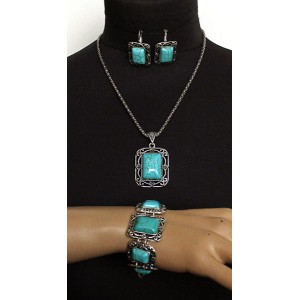 Комплект: колье, браслет и серьги из бирюзы (имитация) прямоугольник в металле