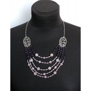 Бусы из кварца розового и аметиста "5 нитей", коннектор "плющ"