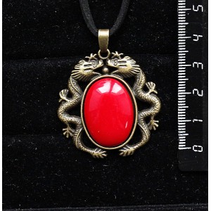 Кулон из коралла красного (иск.), овал 25х18мм, оправа цвет бронза "2 дракона"