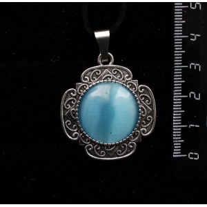 Кулон из кошачьего глаза (синт.) темно-голубого, круг 20мм, оправа "4 лепестка"