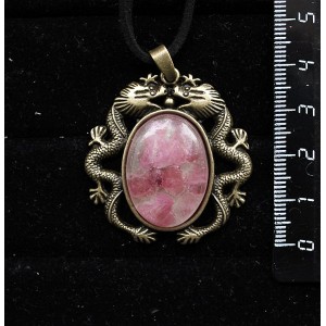 Кулон из турмалина розового (кабошон-мозаика), овал 25х18мм, оправа цвет бронза "2 дракона"