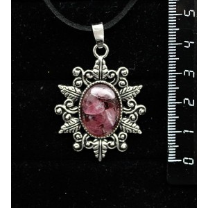 Кулон из турмалина розового и граната (кабошон-мозаика), овал, 18х13мм, оправа "папоротник"