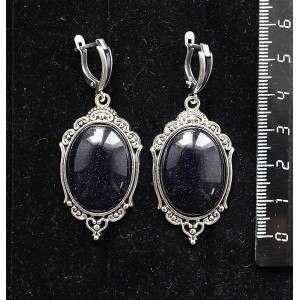 Серьги из авантюрина синего (синт.), овал 25х18мм, оправа "медальон", швензы посеребрение