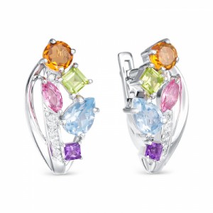 C925 Серьги с аметистом,топазом, хризолитом, цитрином, фианитами, 3,98 г., англ. замок, родирование