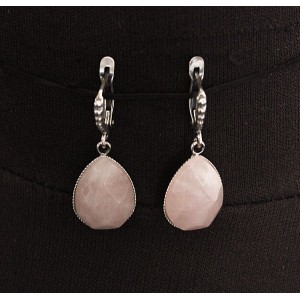 Серьги из кварца розового (огранка), капелька 18х13мм, швензы посеребрение