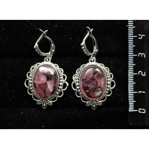 Cерьги из турмалина розового и граната (кабошон-мозаика), овал 18х13мм, оправа "трилистник", швензы посеребрение