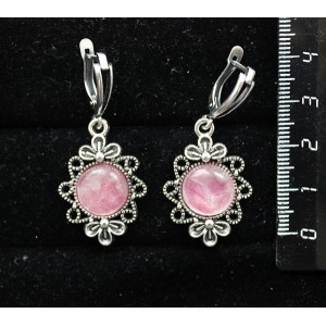 Серьги из турмалина розового (кабошон-мозаика) "2 цветка", круг 12мм, швензы посеребрение
