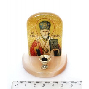 Икона из селенита с подсвечником "Николай Чудотворец"