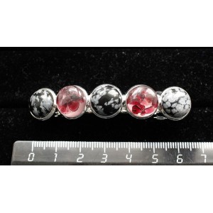 Заколка из граната (кабошон-мозаика) и обсидиана снежного 6см, круг 12мм, 5 камней