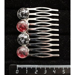 Заколка-шпилька из граната (кабошон-мозаика) и обсидиана снежного, 4 камня круг 12мм