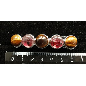 Заколка из граната (кабошон-мозаика) и тигрового глаза 6см, круг 12мм, 5 камней