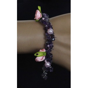 Браслет из аметиста с розами и жемчугом (иск.), галтовка, жгут 2 нити, на застежке