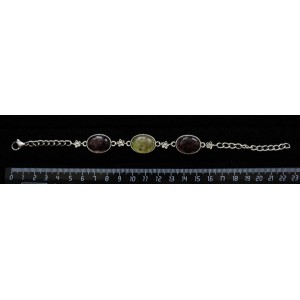 Браслет из граната (кабошон-мозаика) и хризолита + турмалин розовый (кабошон-мозаика), овал, 18х13мм, на цепочке