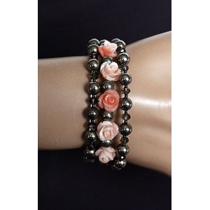 Браслет из пирита с розами, шарик 6мм, на струнке, 3-4 оборота