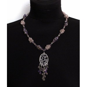 Колье-кулон из чароита и розового кварца, коннектор "плющ"