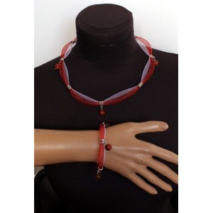 Комплект: колье и браслет из яшмы красной на сетке, цвет красный и белый, шарик 10мм