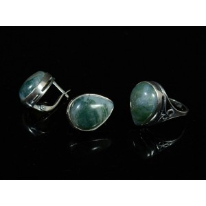 Комплект: кольцо и серьги из агата мохового, капли, мельхиор