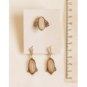 Кольцо и серьги из розового кварца, овалы 18х8мм