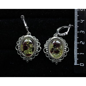 Cерьги из хризолита и граната (кабошон-мозаика), овал 18х13мм, оправа "трилистник", швензы посеребрение