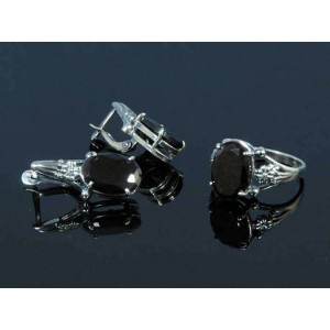 Комплект: кольцо и серьги из циркона, овал, цвет черный, мельхиор