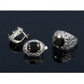 Комплект: кольцо и серьги из циркона, цвет черный, овал с огранкой в ажурной оправе, мельхиор, (р-р 16, 17, 18, 19)