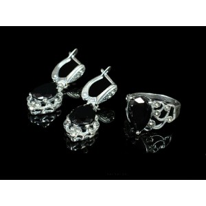 Комплект: кольцо и серьги из циркона, цвет черный, капля с огранкой в ажурной оправе, мельхиор, (р-р 17, 18, 19, 20)