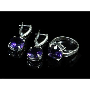 Комплект: кольцо и серьги из циркона, круг с огранкой, цвет сиреневый, мельхиор