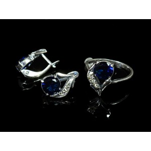 Комплект: кольцо и серьги из циркона, малый круг с огранкой, цвет синий, мельхиор