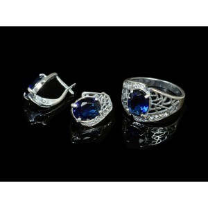 Комплект: кольцо и серьги из циркона, малый круг с огранкой, цвет синий, мельхиор