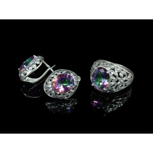 Комплект: кольцо и серьги из циркона, овал с огранкой, цвет хамелеон, мельхиор
