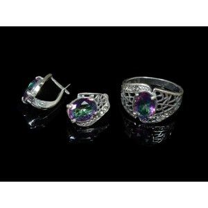 Комплект: кольцо и серьги из циркона, круг с огранкой, цвет хамелеон, мельхиор