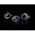 Комплект: кольцо и серьги из циркона, капля с огранкой, цвет аметист, мельхиор