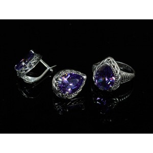 Комплект: кольцо и серьги из циркона, капля с огранкой, цвет аметист, мельхиор