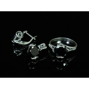 Комплект: кольцо и серьги из циркона, малый круг с огранкой, цвет черный, мельхиор