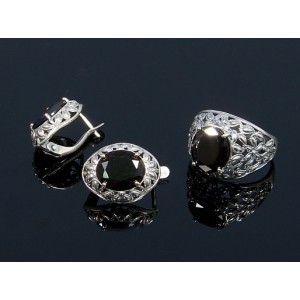 Комплект: кольцо и серьги из циркона, овал с огранкой, цвет черный, мельхиор