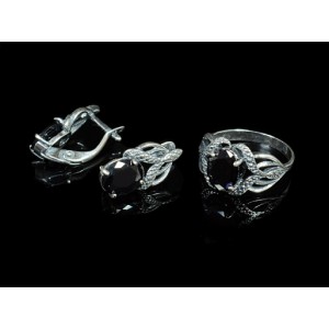 Комплект: кольцо и серьги из циркона, овал с огранкой, цвет черный, мельхиор