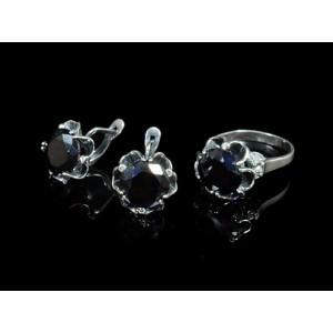 Комплект: кольцо и серьги из циркона, малый круг с огранкой, цвет черный, мельхиор