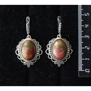 Cерьги из яшмы пикассо, овал 18х13мм, основа "трилистник", швензы посеребрение