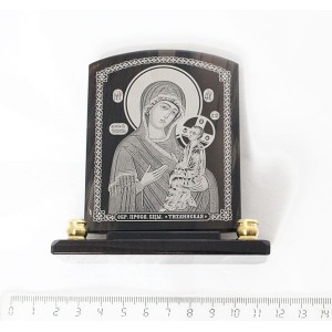Икона Богоматерь Тихвинская настольная прямоугольная с 2 подсвечниками обсидиан 90*30*100мм