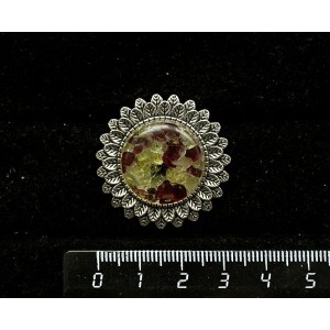 Брошь из хризолита и граната (кабошон-мозаика), "подсолнух", круг 20мм