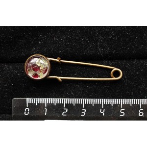 Брошь-булавка с хризолитом и гранатом (кабошон-мозаика), круг 12мм, цвет бронза