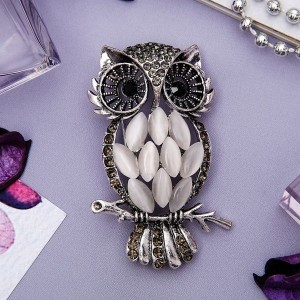 Брошь "Сова таёжная", цвет серый в черненом серебре