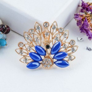 Брошь "Павлин" с пушистым хвостом, цвет синий , цвет золотистый