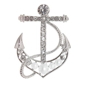 Брошь "Якорь" с бусинками, цвет белый, цвет серебристый