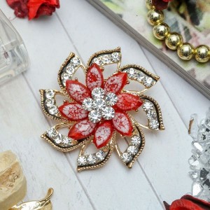 Брошь "Цветок" двойной, цвет красно-белый, цвет золотистый