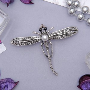 Брошь "Стрекоза" моно, цвет серый в черненом серебре