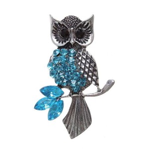 Брошь "Сова на ветке", цвет голубой, цвет серебристый