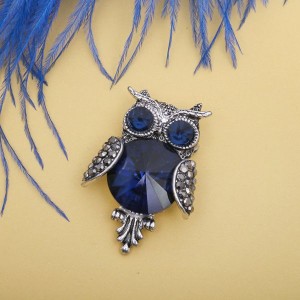 Брошь "Сова круглая", цвет синий в черненом серебре